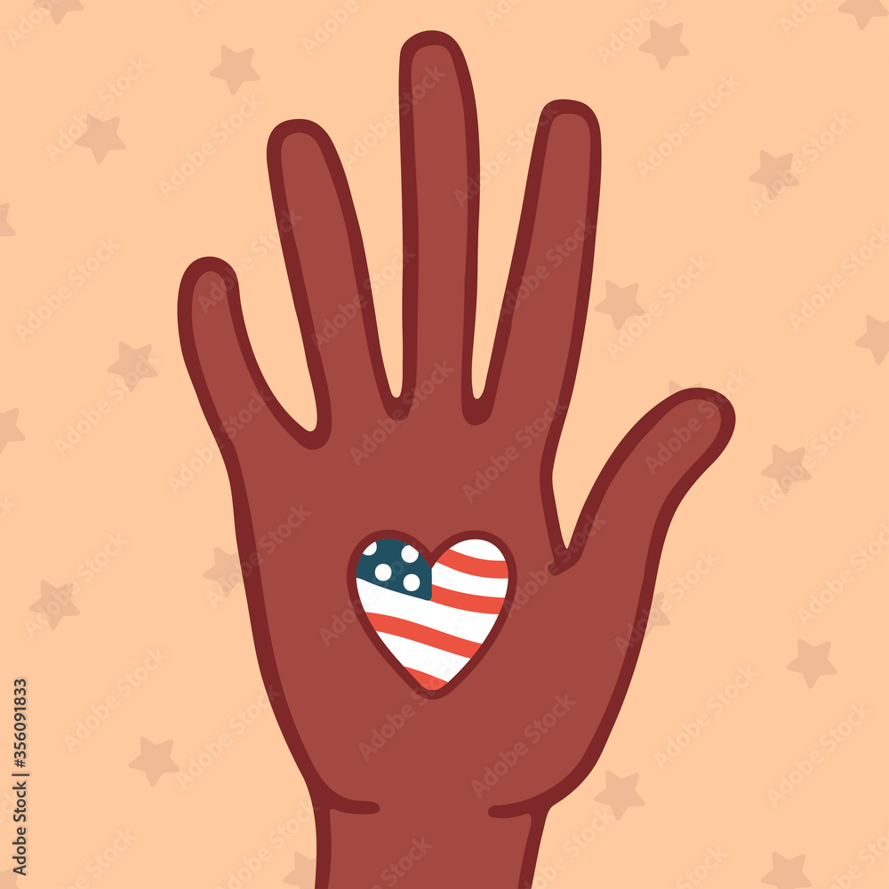 Obraz premium Black lives matter poster or banner, love america,united states,usa patriot poster. afro, flag, love, multinational,illustration square,hand palm, elections, election,democracy, freedom,unite, vote