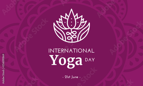International Yoga Day on 21st June. Silhoutte of Lotus in hands on Mandala background concept illustration banner, brochure, poster design 