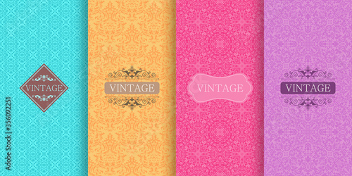 Set of Cute bright seamless patterns with frames. Seamless patchwork in turkish style on vibrant background. Islam, Arabic, Indian, ottoman motifs. Vector hand drawn illustration.