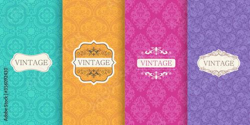 Set of Cute bright seamless patterns with frames. Seamless patchwork in turkish style on vibrant background. Islam, Arabic, Indian, ottoman motifs. Vector hand drawn illustration.