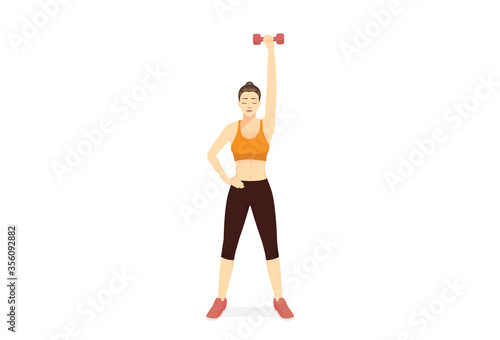 Sport Women in akimbo pose doing Fitness with Single Arm Overhead Press Dumbbell. Illustration about Exercise training target to Arms muscles. front view.