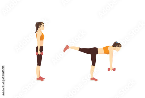 Woman doing Single Leg Deadlift exercise while holding Dumbbell in her hands. Illustration about Fitness with lightweight equipment.
