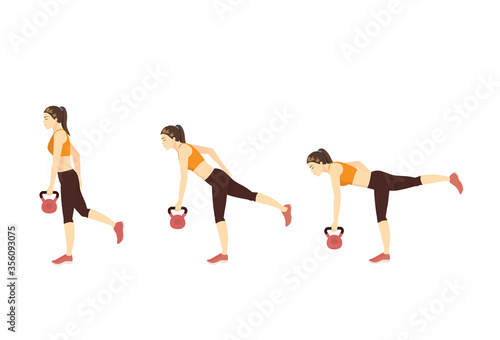 Sport Woman doing Single Leg Deadlift exercise while holding kettlebell dumbbell in her hands in 3 steps. Illustration about Fitness with lightweight equipment.