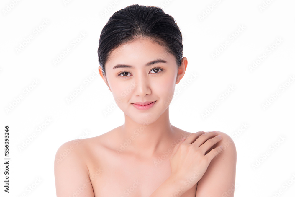 Beautiful Young Asian Woman touching her body with fresh Healthy Skin, isolated on white background, Beauty Cosmetics and Facial treatment Concept Beautiful Young Asian Woman touching her body with fresh Healthy Skin, isolated on white background, Beauty Cosmetics and Facial treatment Concept
