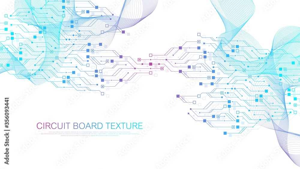 Technology circuit board texture background. Abstract circuit board banner wallpaper. Digital data industry. Engineering electronic motherboard. Wave flow, vector illustration.