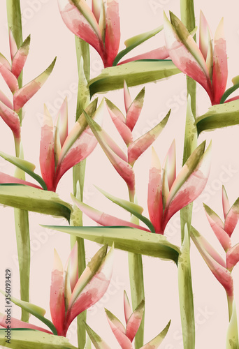 Bird of paradise flower pattern. Green and red palette. Watercolor