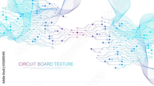 Technology circuit board texture background. Abstract circuit board banner wallpaper. Digital data industry. Engineering electronic motherboard. Wave flow, vector illustration.