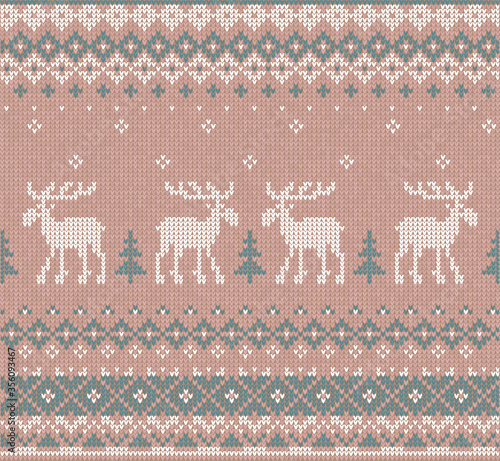 Handmade knitted background pattern reindeers, fir christmas trees. Scandinavian ornaments