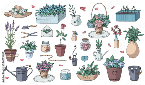 Romantic vector set of decorative garden elements. Big collection of different flower pots and flowers for gardening and interior. Shabby chic style. Vector illustration. Pastel colors.