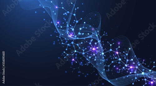 Molecular structure background. Science template wallpaper or banner with a DNA molecules. Asbtract scientific molecule background. Wave flow, innovation pattern. Vector illustration.