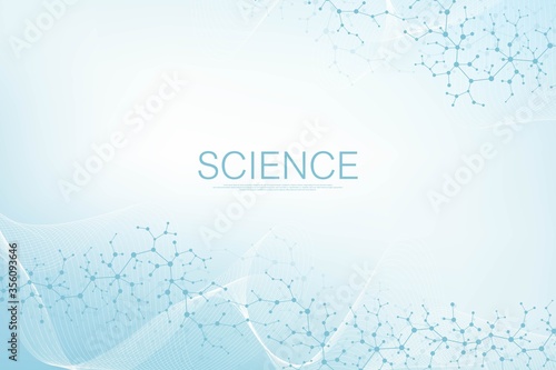 Molecular structure background. Science template wallpaper or banner with a DNA molecules. Asbtract molecule background with hexagons, wave flow. Vector illustration.