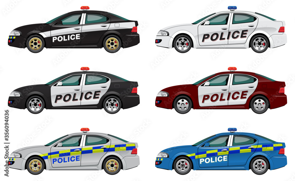 VECTOR EPS10 - set of police car in different color with red siren and ...