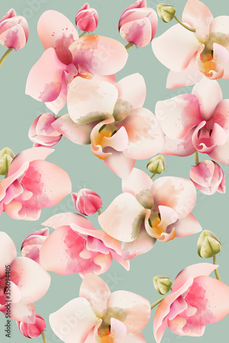 Orchid bouquet pattern background. Watercolor. Spring flowers