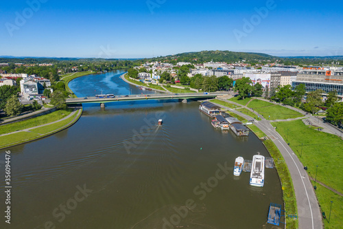Aerial view of Vistula river in Cracow, Poland.
