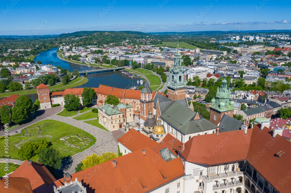 Krakow. Aerial View of Royal Wawel Castle and Gothic Cathedral. Vistula River. Historic center from above. Cracow, Poland.