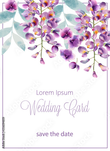 Wedding card with lilac flowers and leaves. Place for text. Watercolor