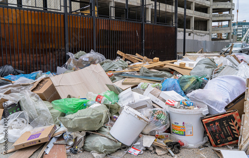 Close-up of construction debris on the streets of the city. 