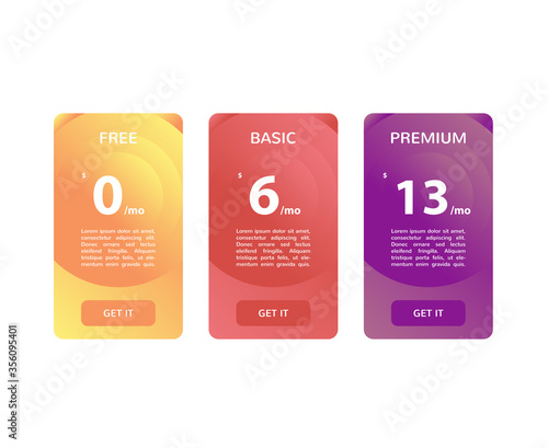 Price table and price table. Vector, gradient template for website and app. vector 10 eps illustration.