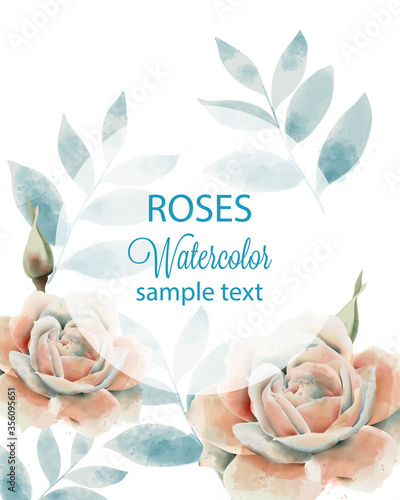 Watercolor roses and leaves card with place for text. Blue and beige color
