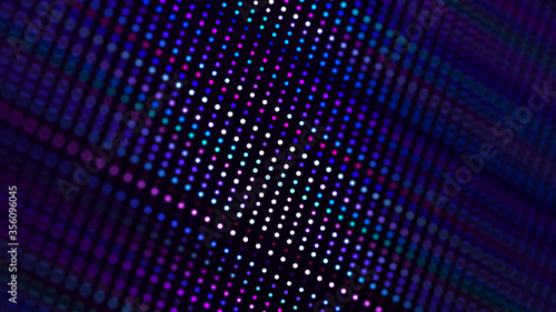 Glowing neon dots background. Colored music pattern. Big data digital code. 3D rendering