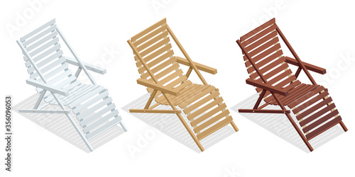 Isometric wooden deck chairs, lounge sun chair isolated on white background. Set of wooden reclining chairs