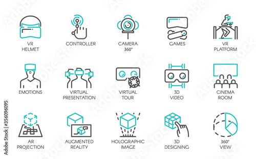 Big set of line icons of augmented reality digital AR technology future. 15 vector labels isolated on a white background. Symbols of virtual modeling, simulation, 3d video, presentation and other.
