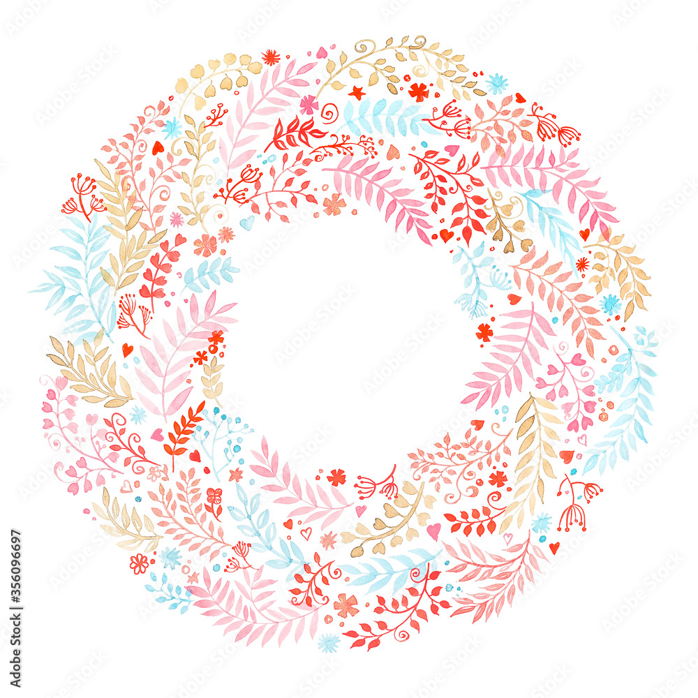 Flower wreath. Pink and blue branches, pink flowers and hearts. Watercolor, handmade on a white background.