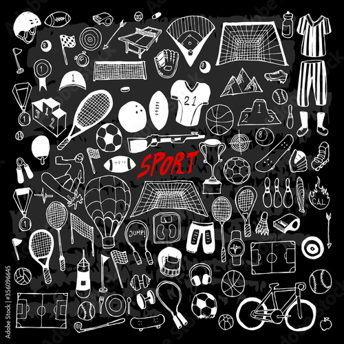 Set of Sport Drawing illustration Hand drawn doodle Sketch line vector on chalkboard eps10