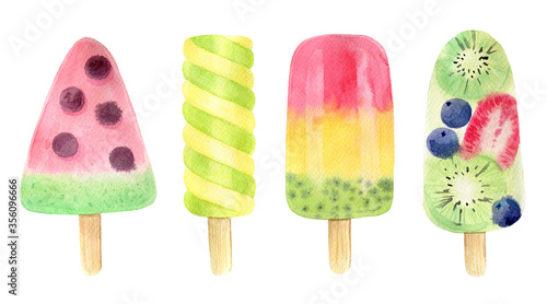 А bright watercolor illustration of fruit ice cream.  A set of four elements on a white background. 