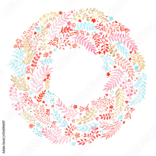 Flower wreath. Pink and blue branches, pink flowers and hearts. Watercolor, handmade on a white background.