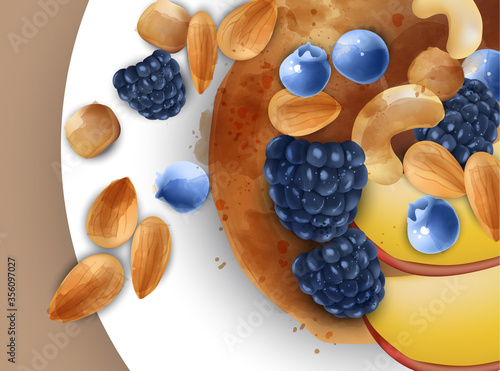 Pancakes with berry fruits and nuts Vector. Tasty healthy breakfasts