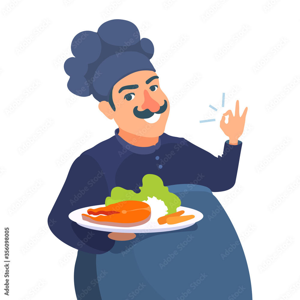 Professional chef cook with a food tray. Showing OK gesture by his hand, smiling. Happy man in an apron, hat, work uniform, holding a dish with a meal. Vector cartoon illustration. Professional chef cook with a food tray. Showing OK gesture by his hand, smiling. Happy man in an apron, hat, work uniform, holding a dish with a meal. Vector cartoon illustration.