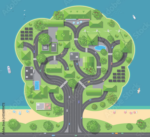 Vector illustration. Green City in the form of a tree. (Top view) 
Houses, buildings, roads, solar panels, wind turbines, trees, beach, water. (View from above)