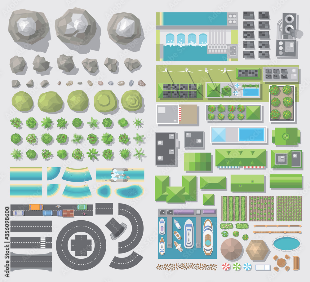 Set of landscape elements. Green concept, eco city (top view).
 (view from above)