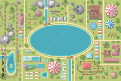 A vector illustration of amusement park map. (Top view)
Attractions, paths, lake, railroad, circus, trees, plants, tents. (View from above)