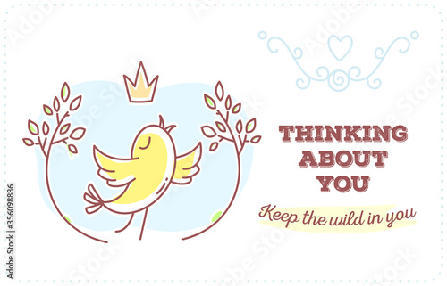 Vector template with illustration of beautiful singing yellow bird with branches and crown with inscription.