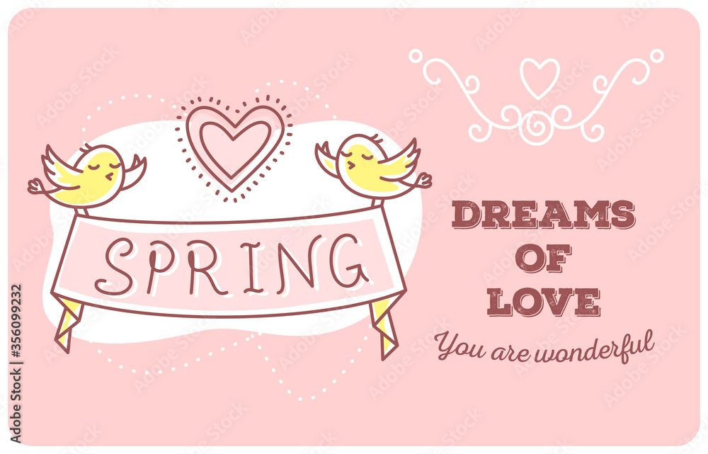 Vector template with illustration of yellow birds hold tape with inscription on pink background.