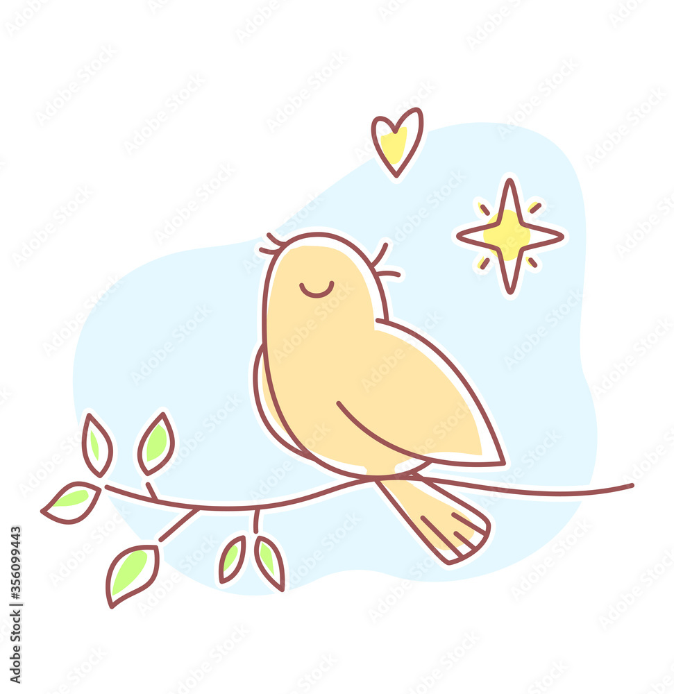 Vector spring illustration of beautiful singing bird sitting on a branch with blue cloud. Vector spring illustration of beautiful singing bird sitting on a branch with blue cloud.