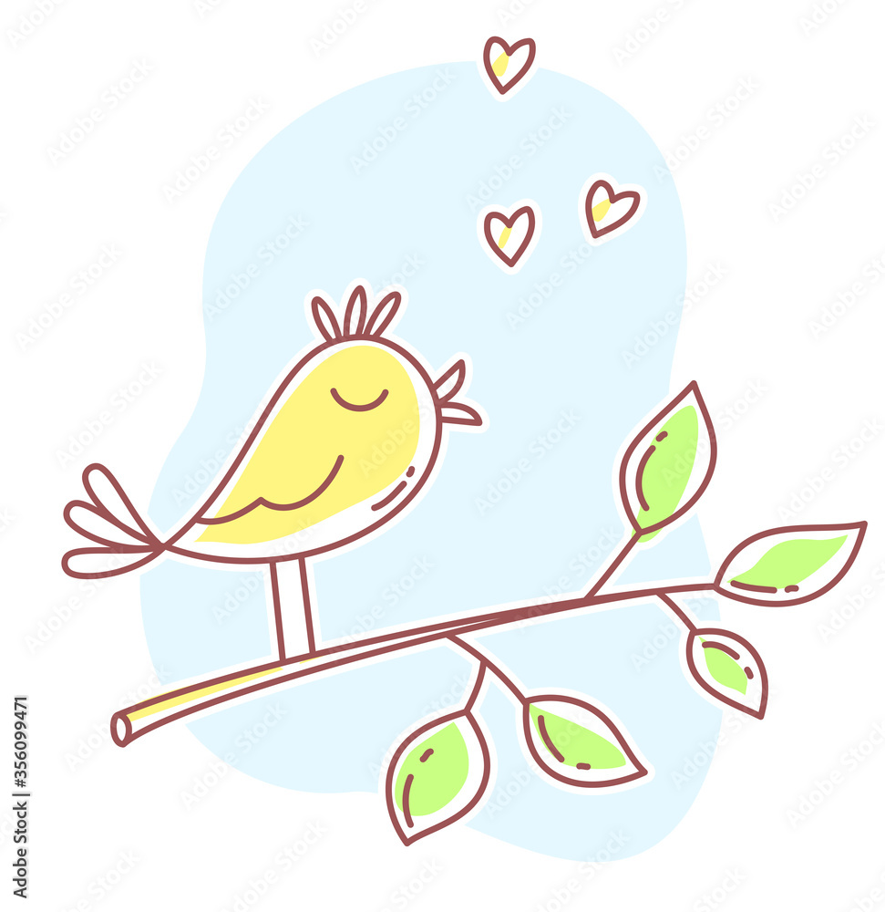Vector spring illustration of beautiful singing bird sitting on a branch with hearts.