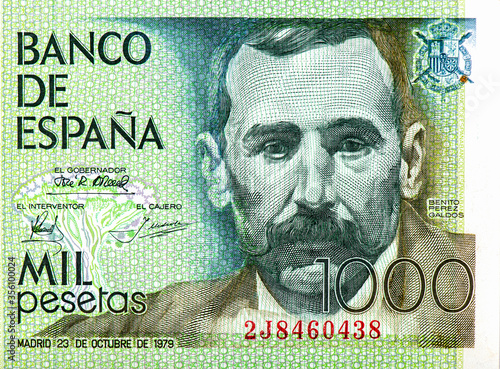 Benito Perez Galdos (1843 - 1920), Spanish realist novelist, painted by Joaquin Sorolla in 1894.Portrait from Spain 1000 Pesetas 1979 Banknotes. Collection. photo