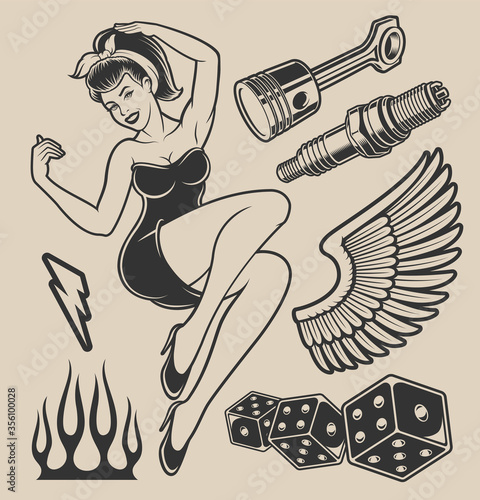Illustration of pin-up girl with elements for design on the white background photo