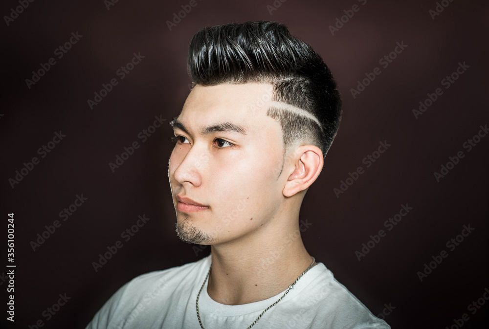 Young guy brunette with pompadour volume haircut 50s - 60s. real photo retro hair style for barbershop Young guy brunette with pompadour volume haircut 50s - 60s. real photo retro hair style for barbershop