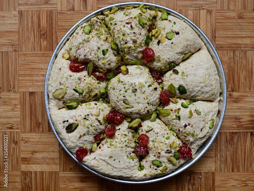 
tahini halva with candied fruits and pistachios