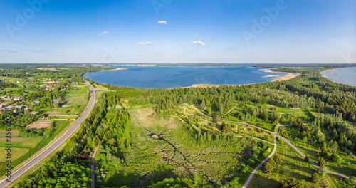 The lakes Naroch and Miasto  National park Narochansky  Belarus. Drone aerial photo