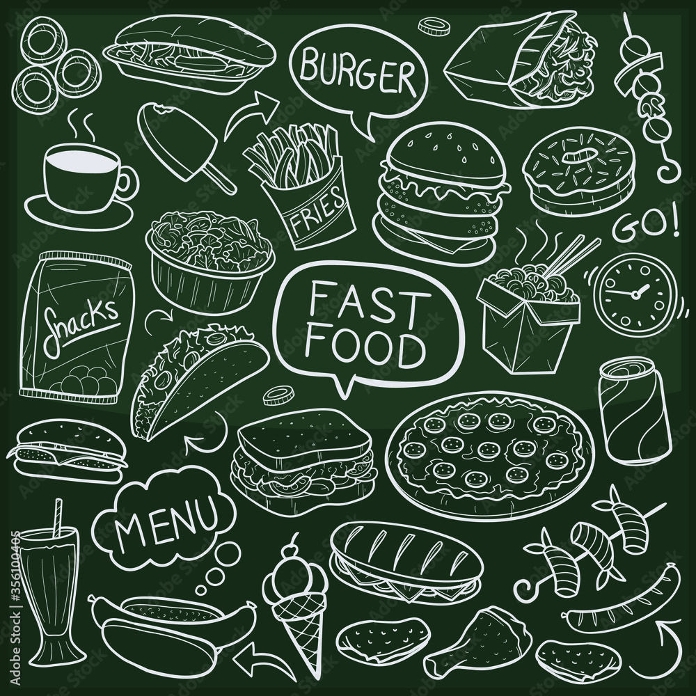 Fast Food Doodle Icon Chalkboard Sketch. Restaurant Menu famous Dishes. Fast Food Doodle Icon Chalkboard Sketch. Restaurant Menu famous Dishes.