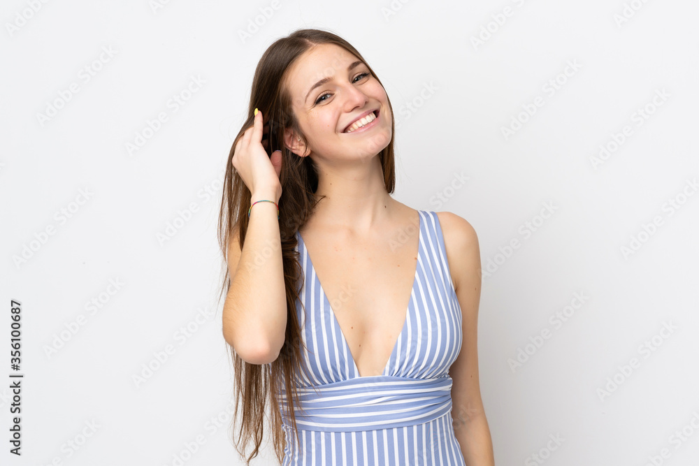 Young caucasian woman isolated on white background in swimsuit in summer holidays Young caucasian woman isolated on white background in swimsuit in summer holidays