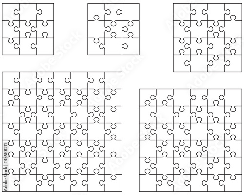 Vector illustration of five white puzzles, separate pieces