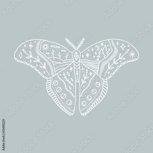 Moon moth. Wildlife concept. Boho tattoo art, fantasy ethnic style. Ornate insect. Vector illustration.