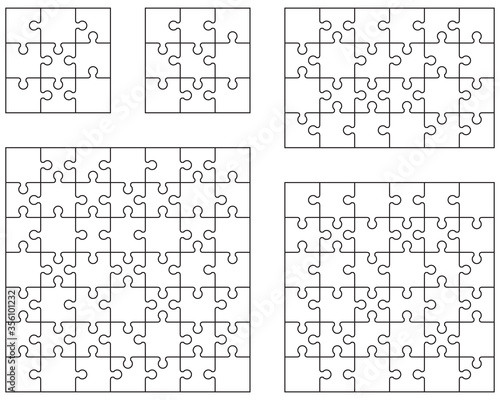 Vector illustration of five white puzzles, separate pieces