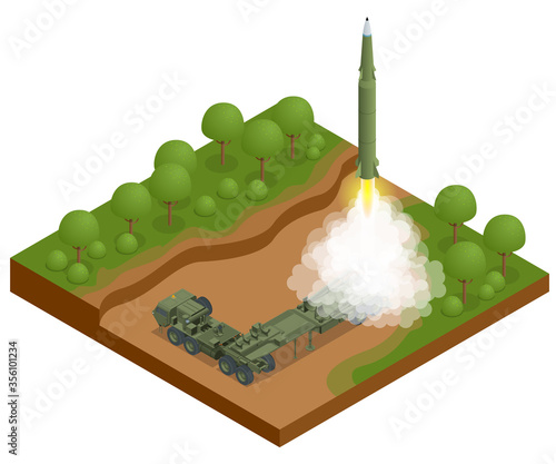 Isometric Army tractor with a rocket. Medium Range Ballistic Missile. Conventional high explosive-unitary, penetration, sub-munitions, incendiary, thermobaric, strategic nuclear weapon